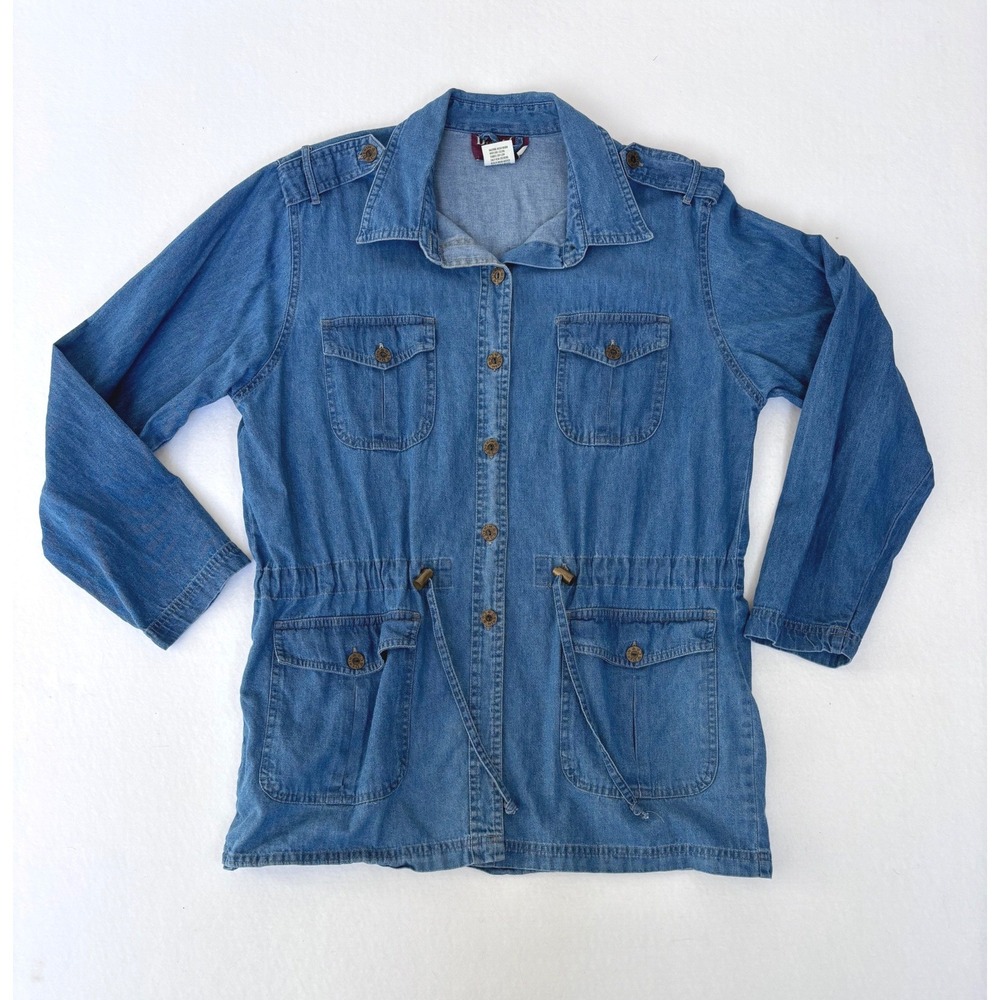 LEI Vintage Denim‎ Utility Jacket Medium Wash Drawstring Waist Cargo Pockets M